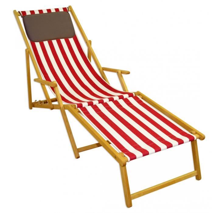 Chaise longue pliante rayé rouge et blanc en bois naturel repose-pieds oreiller 10-314NFKD Chaise longue pliante rayé rouge et blanc en bois naturel repose-pieds oreiller 10-314NFKD