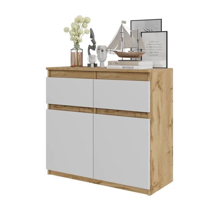 Commode Rangement 2 Portes - Placard étagères, Design Chêne Riva, 111x57.3x42 Cm, Pieds Hauts