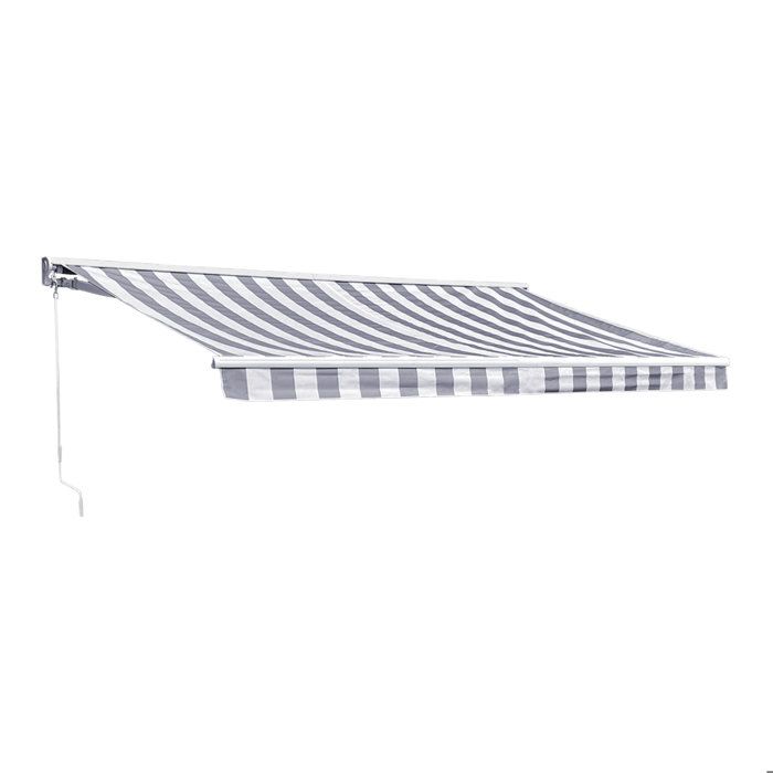 Store banne SAULE 395 × 3m avec semi-coffre - Toile rayée blanche/grise et structure blanche