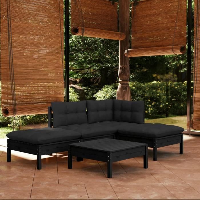 Luxe&Mode Salon de jardin de bon prix 5 pcs avec coussins Noir Bois de