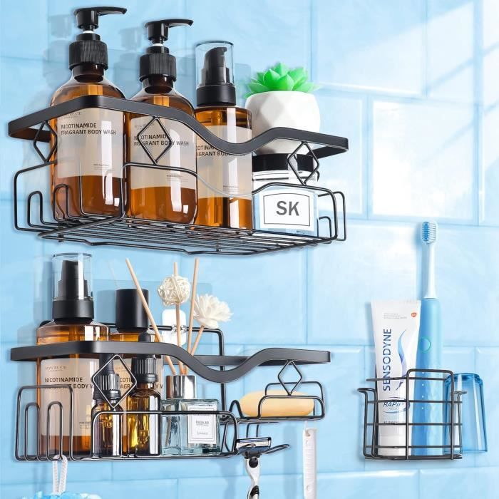 Rangement Douche Ventouse Étagère De Douche D'angle Sans Perçage - 2 Pièces Avec 8 Crochets - Acier Inoxydable Support Shampoing Sans Vis