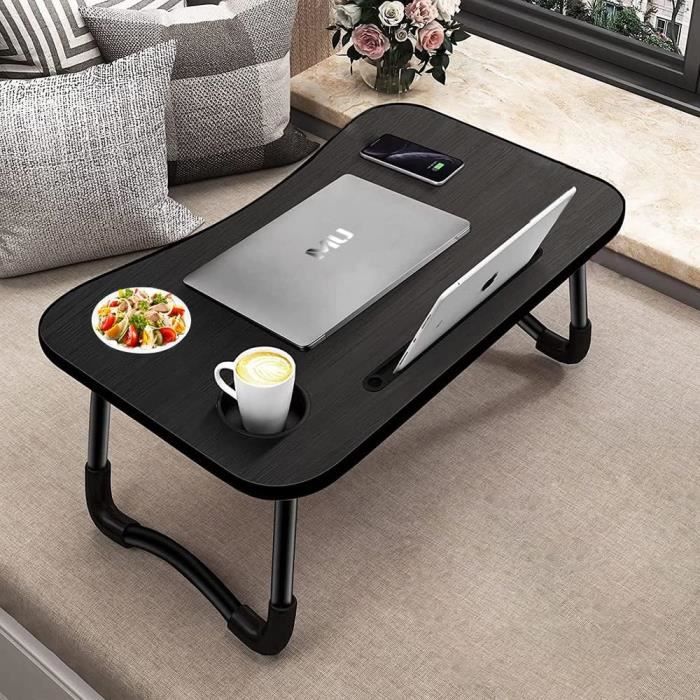 Table Pliante Pour Lit - Plateau Petit Déjeuner Portable Avec Porte-Gobelet - 60x40x28cm