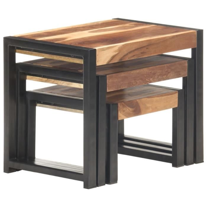 tables gigognes en bois massif vingvo - modèle yin - aspect bois - vintage - marron - 60 x 41 x 48 cm - 3 pcs
