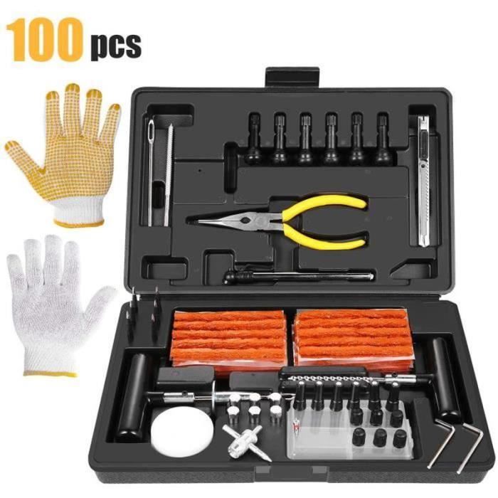 QQ36394Kit de Réparation de Pneu 100PCS, Kit de Reparation avec Mèches pour Pneu, Gants, Clou QQ36394Kit de Réparation de Pneu 100PCS, Kit de Reparation avec Mèches pour Pneu, Gants, Clou