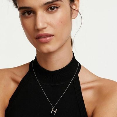 Collier Chaîne Argenté 46 Cm Avec Pendentif Lettre H Strass - Neuf Sans Emballage