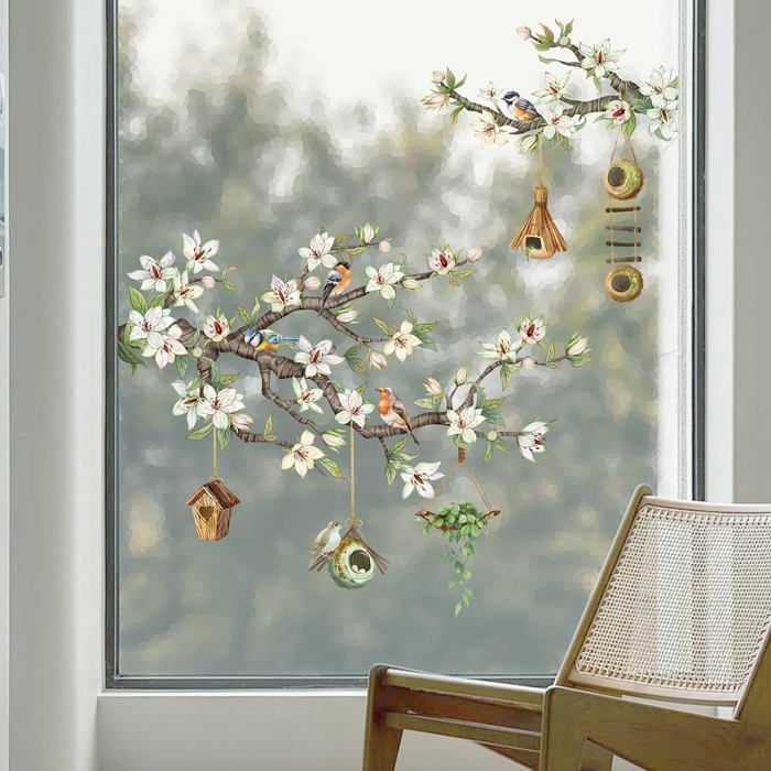 Autocollants Fenêtre Statiques Chien Chat Écureuil Fleurs – Lot Printemps Réutilisable Anti-Collision Oiseaux 120x30cm