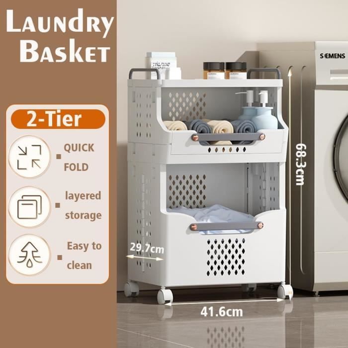 Chariot à Linge à 3 Niveaux Avec Roues Et étagères - Panier à Linge Roulant Pour Vêtements, Jouets Et Plus - Blanc