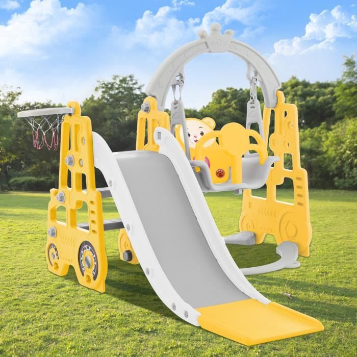 Toboggans Et Balançoires Pour Enfants, Ensemble De Toboggans Pour Enfants 4 En 1 Comprenant Un Bus Un Toboggan Une Echelle Et Un Panier De Basket 91660116