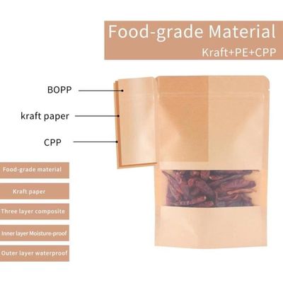 100 Sacs En Papier Kraft Avec Fenêtre - 14x20+4 Cm, Auto-Adhésifs, Pour Café, Noix, Thé, Épices, Snacks