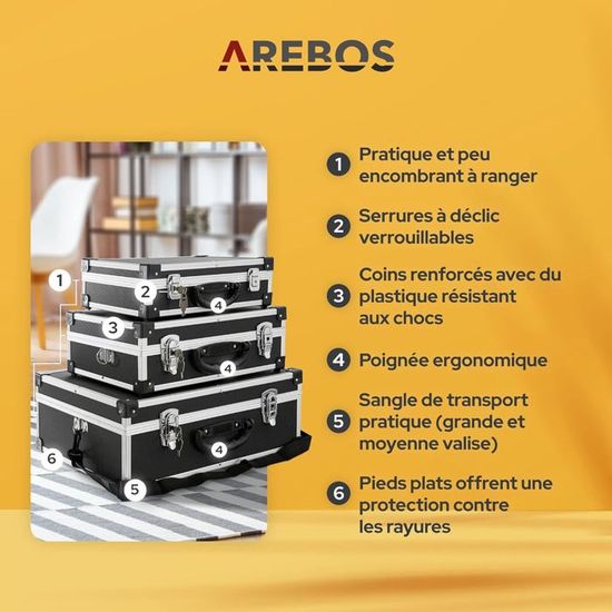 Arebos AREBOS Lot de 3 valises de transport portatives en aluminium avec poignée 