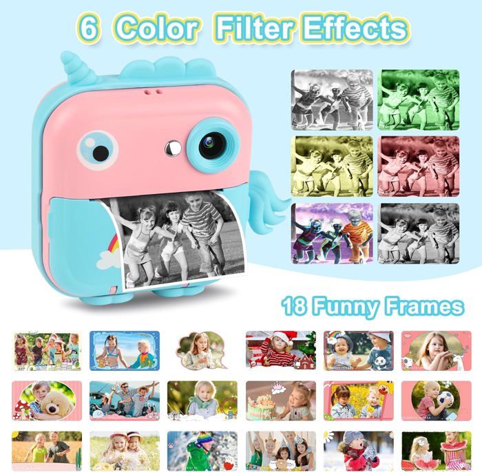 Ainiv Appareil photo numérique pour enfants avec papier d'impression et carte TF 32 G, stylos de couleur, appareil photo instantané 1080p 2,4 pouces, caméra vidéo, caméra photo noir et blanc, cadeau