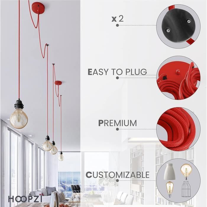 Câble Suspension Luminaire Rouge - Fil Electrique En Tissu 2,5M - 2 X  Ampoules Douille E27 - Pour Salon, Cuisine, Chambre - [x1010] - Cdiscount  Maison