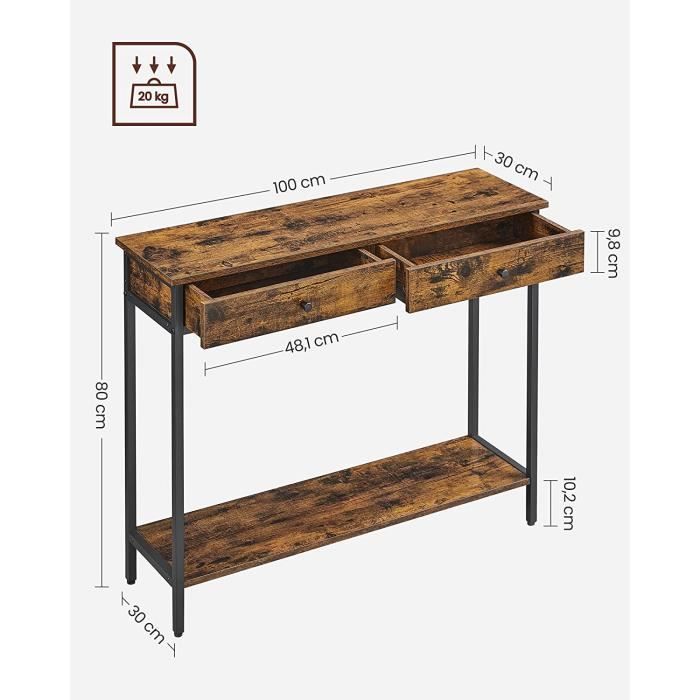 Table Console Industrielle VASAGLE 2 Niveaux - Métal Et Bois Marron - Pieds Réglables - Pour Entrée Ou Salon