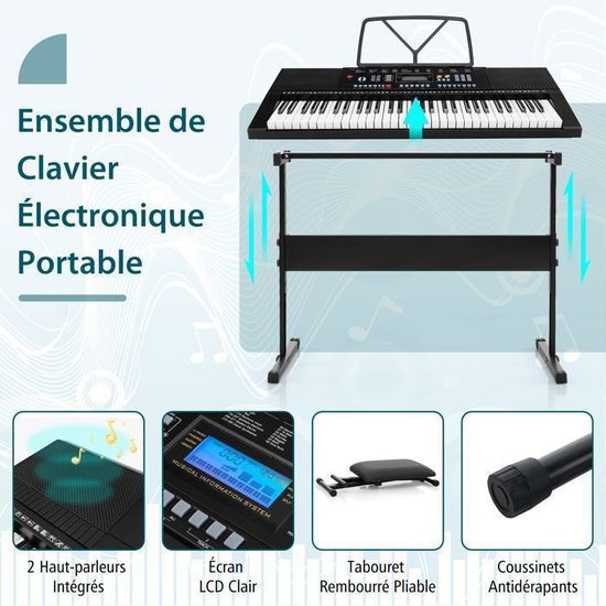 Piano Numérique 61 Touches COSTWAY – Avec Tabouret, Micro, Casque, 600 Sons, 400 Rythmes