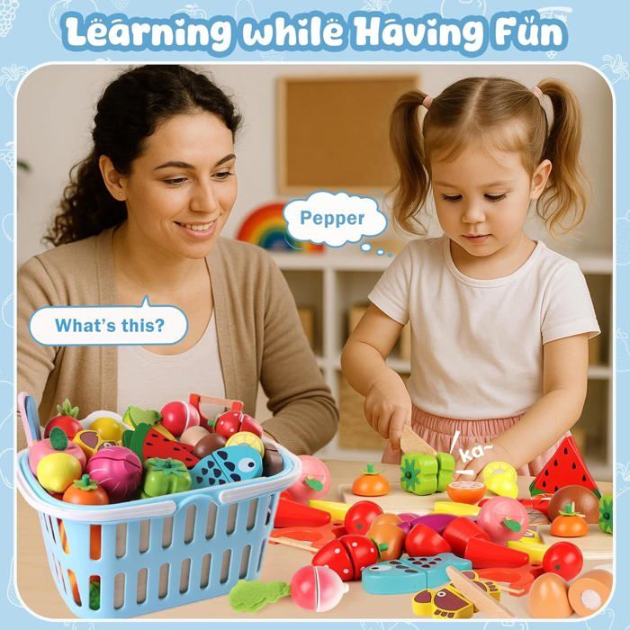 Yoptote Fruits & Légumes Jouets En Bois Dinette Enfant 2 Ans – 10 Pièces + Plateau, Cadeau Montessori
