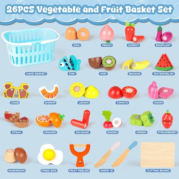 Jouet Cuisine Bois Enfant Cuisine Jouet Bois BunnyJOY 26 Pièces - Fruits Et Légumes à Découper - Jeu Rôle Enfant 2-3 Ans Panier Inclus