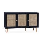 SWEEEK Buffet de rangement en cannage. noir 120x39x70cm - Bohème - 2 niveaux. 3 portes. pieds scandinaves. buffet bas