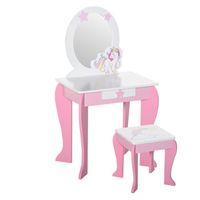 Coiffeuse Enfant Design Licorne - HOMCOM - Tabouret Inclus - Miroir - MDF - Rose Blanc