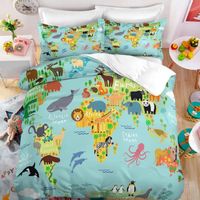 Housse De Couette Enfant/Ado 140x200 Cm - Motif Carte Du Monde 3D - Parure 3 Pièces (Housse + 2 Taies) En Polycoton