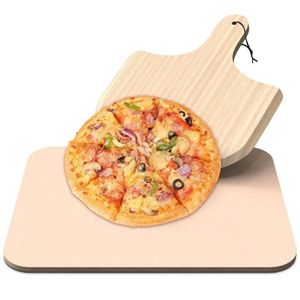 Lot de 3 pierres à pizza 38 x 30 x 1,5 cm pour four et barbecue avec pelle à pizza et roulette à pizza 