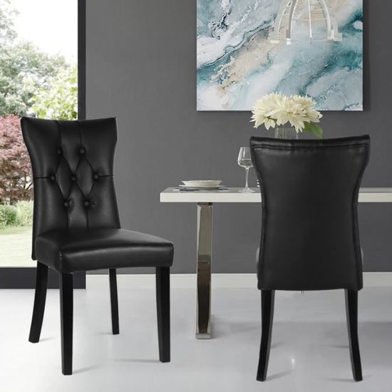 Lot de 2 Chaises de Salle à Manger  En PU Cuir Noir  Pieds en Bois de