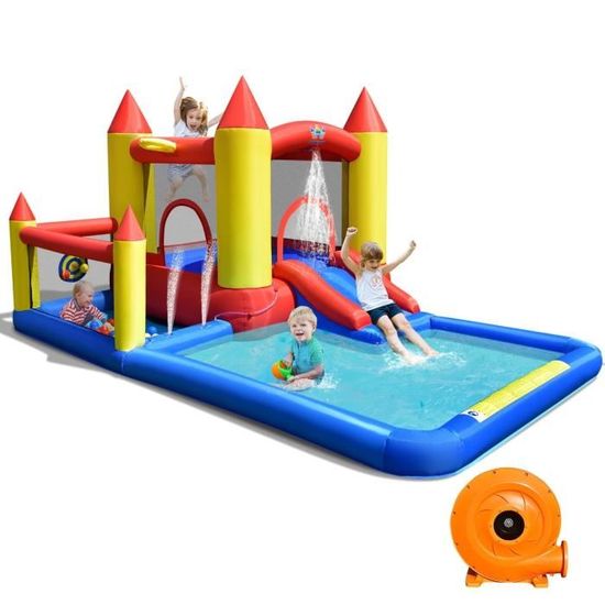 Château Gonflable DREAMADE 5-en-1 - Toboggan, Panier Basket, Piscine Balles - Pour Enfants 3-10 Ans - 90 Kg Max