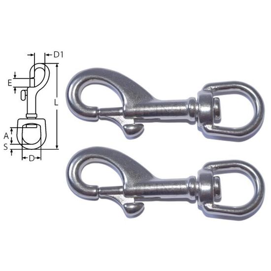 A4 inox 316 Lot de 2 Mousqueton à Oeil 8mm