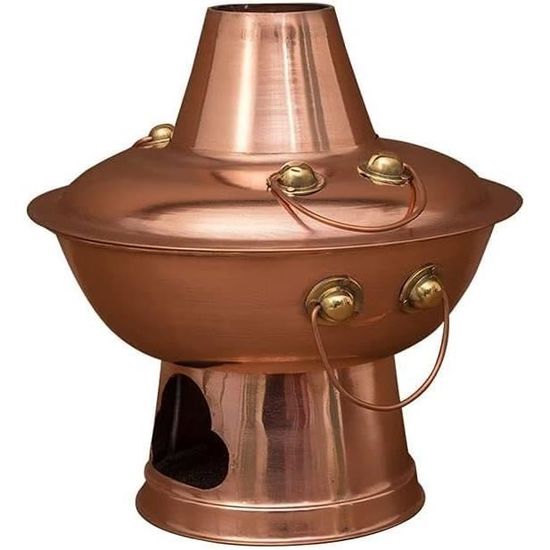 Ancien chauffe-lit vintage en cuivre et manche en bois - VILLEDIEU