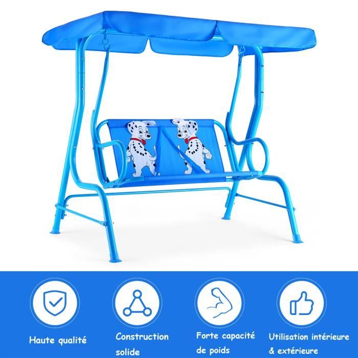 COSTWAY Balancelle de Jardin pour Enfants 2 Places Toit Tissu Anti-UV Balançoire Jardin pour Enfants Chaise Motif de Chien Bleu