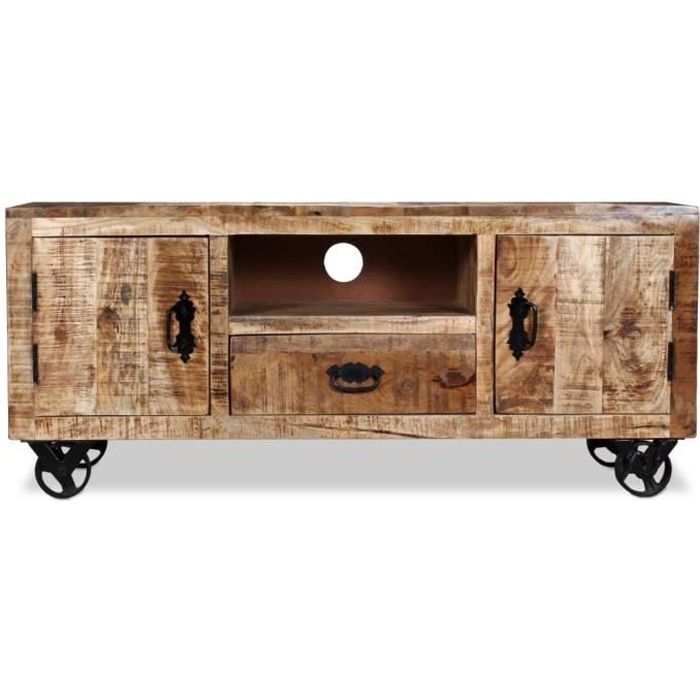 ZHI Meuble TV Style industriel Bois de manguier brut 120 cm