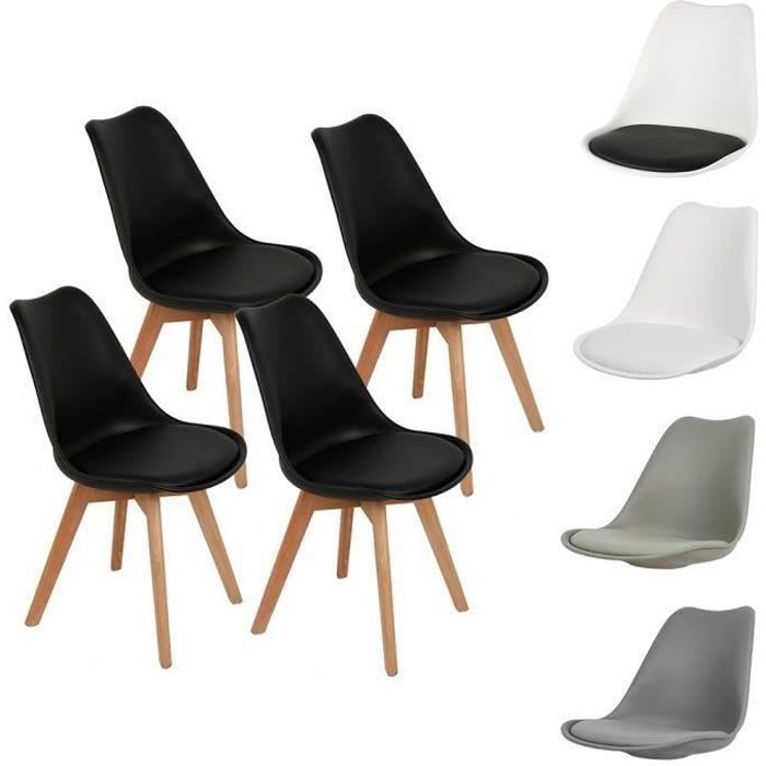 Lot de 4 Chaises à Manger Style Scandinave avec Coussin - Noir