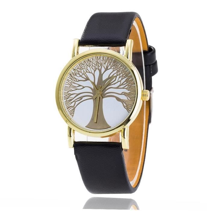 Montre Femme - Arbre De Vie - Simili Cuir - Noir