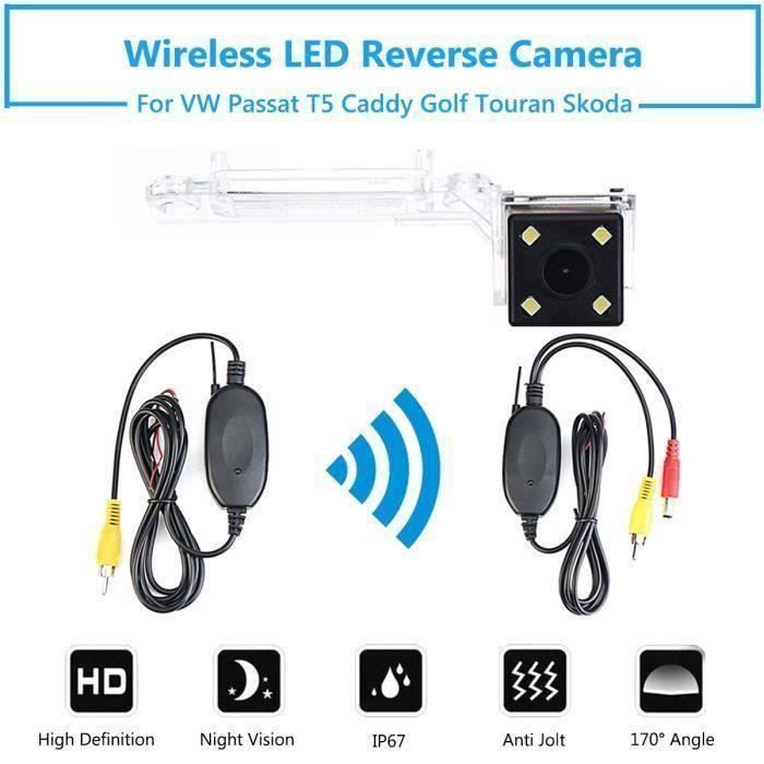 TH Caméra de Recul Arrière HD 4-LED Sans Fil IP67 Pour VW Passat T5 Caddy Golf Skoda