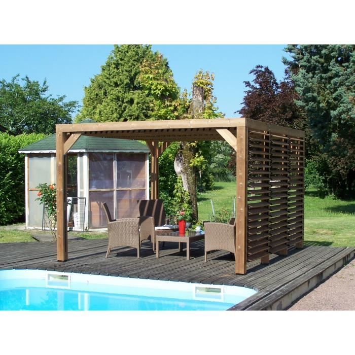 HABRITA Pergola en sapin traité très haute température à 215°C - Fermeture - Toit + paroi latéral - 341 x 313 cm