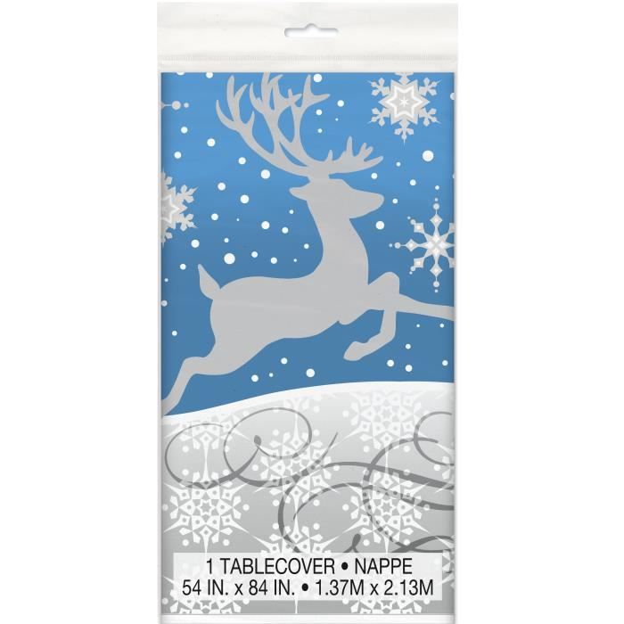 Nappe plastique flocons et renne de Noël 137 x 213 cm