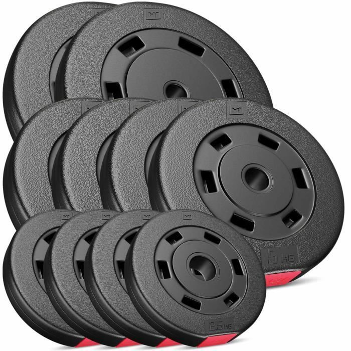 Hop-Sport Disques de Poids en Plastique 50 kg, alésage 31 mm, pour Barre d'haltères 30 mm, Musculation (2x10 kg, 4x5 kg, 4x2,5 kg)