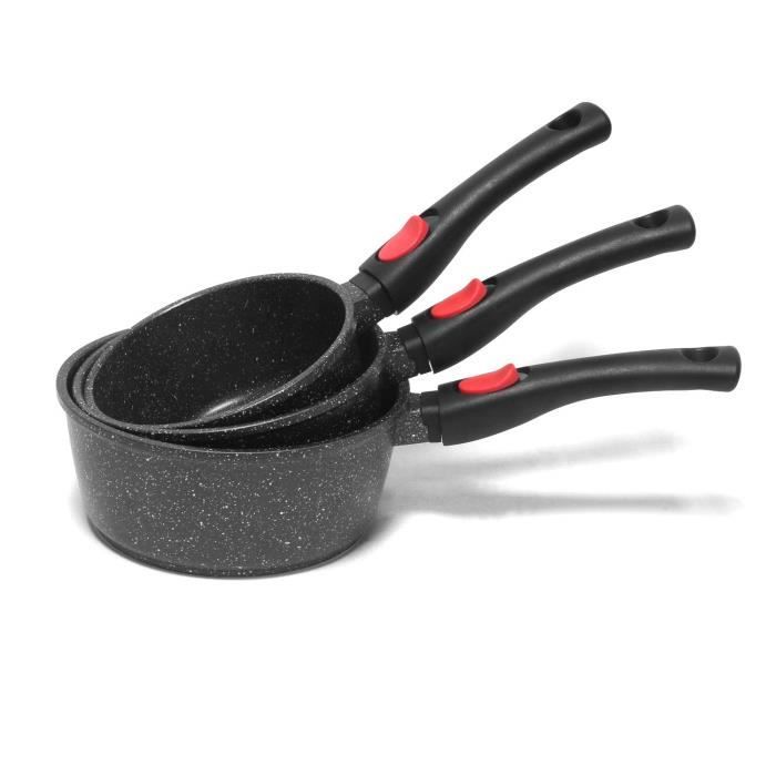 Jonas - Lot de 3 Casseroles 16 18 20 cm Façon Pierre Anti-adhérent - Compatibles Tous Feux - Manches Amovibles