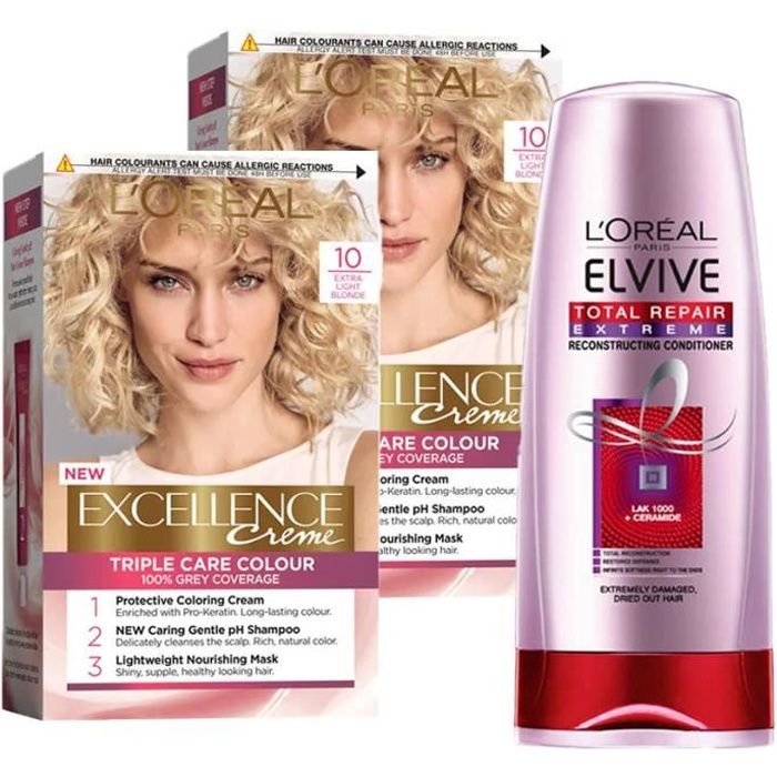 10 Blond Extra Clair L'Oreal Paris Excellence Crème Lot de 2 + Elvive Total Repair Anti-Casse Baume Réparateur