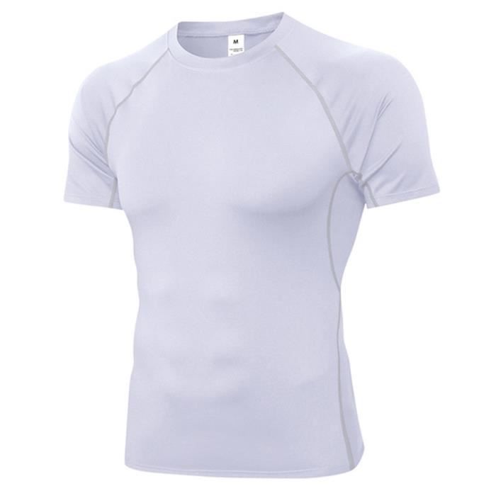 Maillot Compression à Manches Courtes Hommes Sports Couleur Solide Séchage Rapide Baselayer Haut Serré Vêtement Gym T-Shirt Blanc