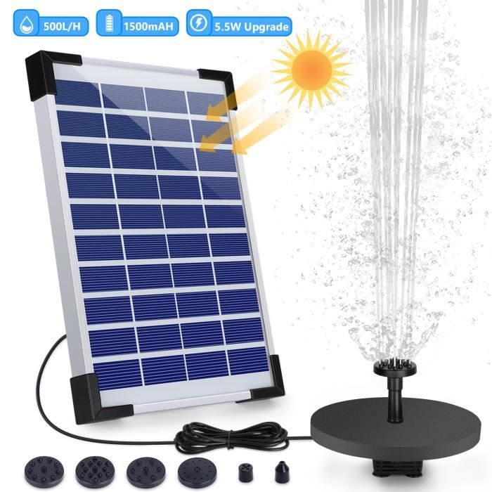 PRUMYA Fontaine solaire decoration jardin avec buse LED et 6 piliers anti-atterrissage , mousse filtrante anti-brûlure à sec