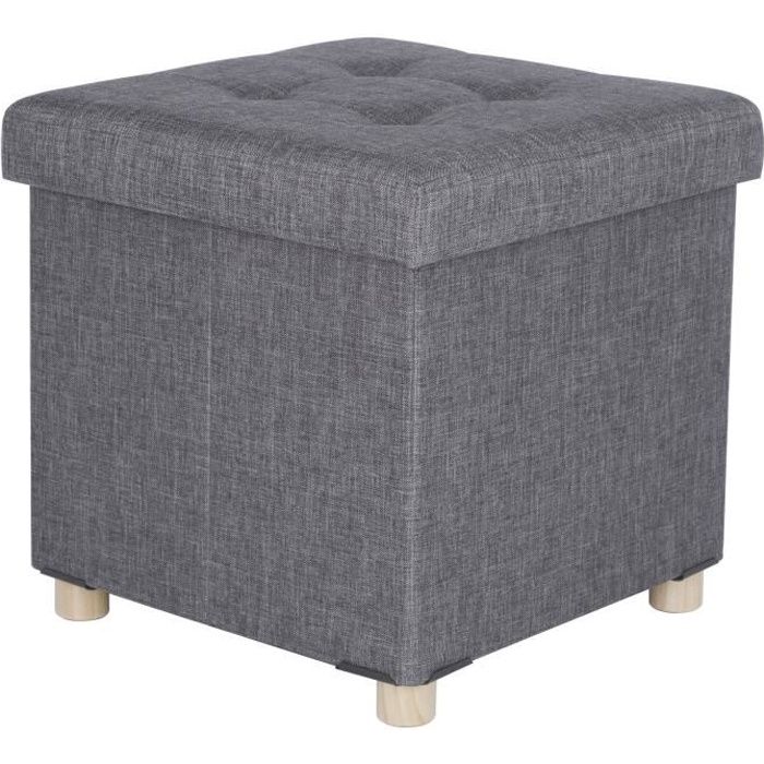 WOLTU Tabouret Pouf Coffre de rangement pliable,Siège rembourré en lin, Jambe en bois, Couvercle amovible,38x37.5x38cm, Gris foncé