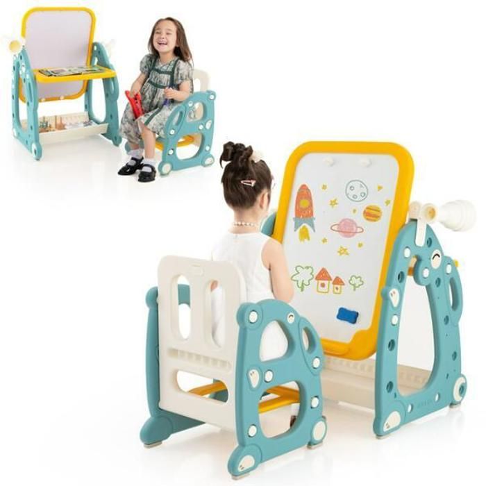 4 en 1 Tableau Enfant - DREAMADE - Réglable en Hauteur-Tableau Magnétique Effaçable - Table Enfant avec Chaise - Charge 30KG 1-8Ans