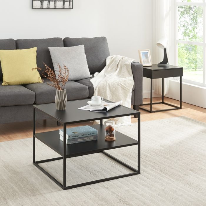 Table basse Solund avec plateau carré et étagère acier 60 x 60 x 45 cm noir mat