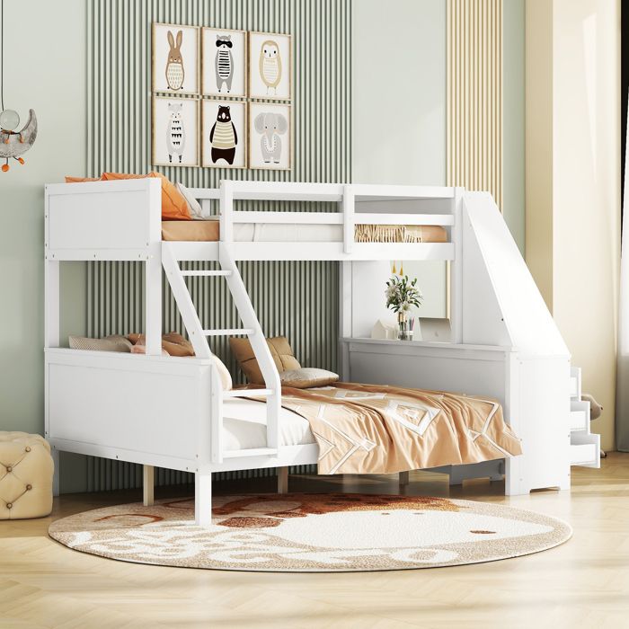 Lit Superposé 140x200cm Blanc Avec Lit Escamotable - En Pin Massif Et MDF - Garde-Corps Et Escalier Intégrés