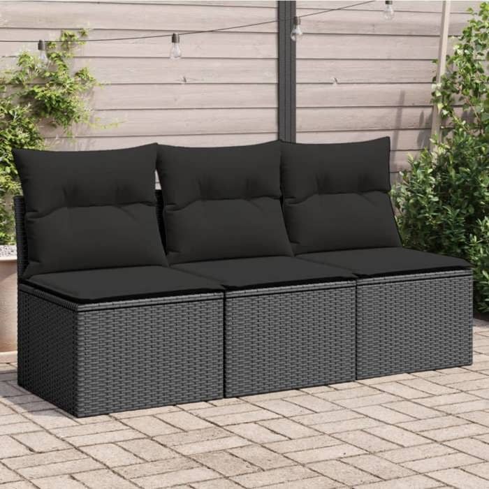 NEUF Canapé de jardin - avec coussins - 3 places - noir résine tressée - 165x62x69 cm - 365988