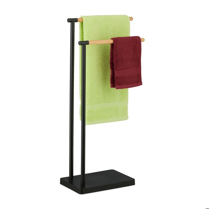 Porte-serviettes Relaxdays - 2 Barres Horizontales - Bois Et Fer Noir - Dimensions 86x37x18 Cm - Pour Salle De Bain