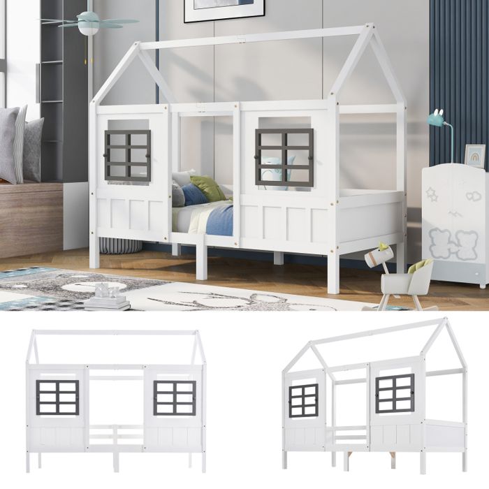 Lit enfant cabane - LANGTU - Lit maison avec fenêtres - 90x200 cm - Pin massif - Blanc