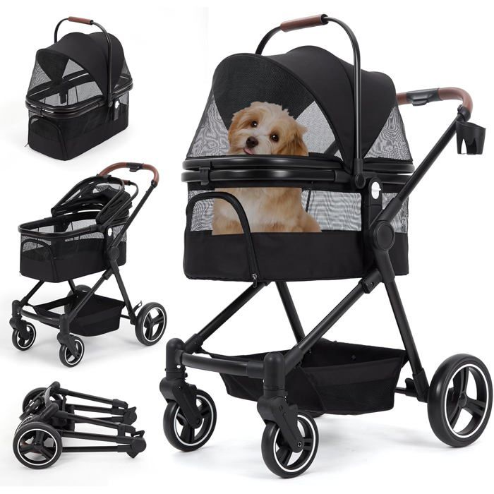Poussette Pour Chien Pliable, Animaux Chariot Jusqu'À 22 Kg Avec Étui De Transport, Fenêtre En Filet, Panier De Rangement