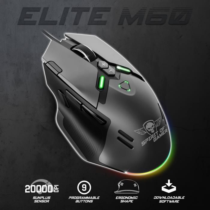 Souris Gamer RGB - SPIRIT OF GAMER - ELITE M60 DARK - 20000 DPI - 9 Touches Programmables - Filaire
