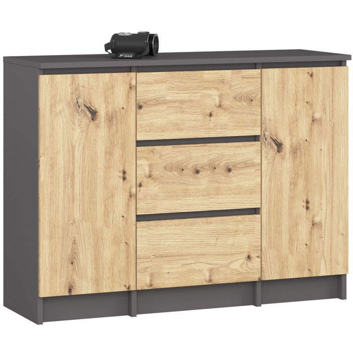 Commode AKORD K100 Gris Graphite 101 cm 2 portes 3 tiroirs façade Chêne Artisan 4 étagères 101x35x76 cm Commode AKORD K100 Gris Graphite 101 cm 2 portes 3 tiroirs façade Chêne Artisan 4 étagères 101x35x76 cm